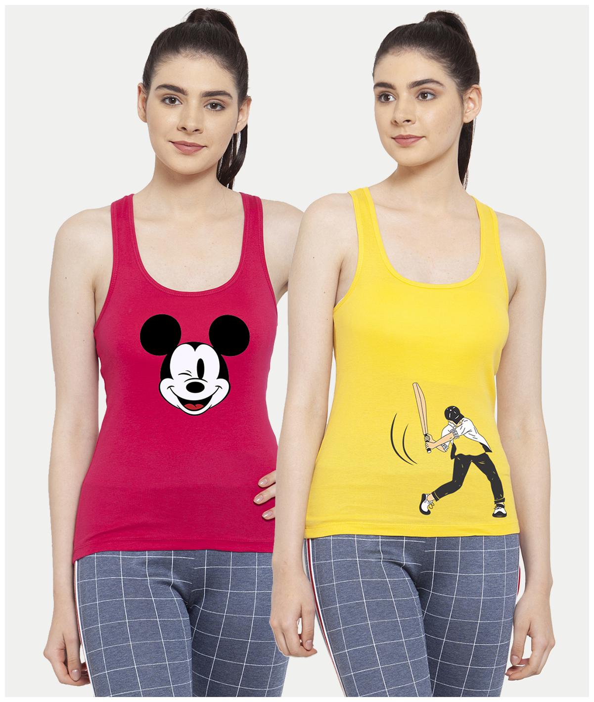 

Friskers Women Pink Yellow Regular fit U neck Cotton Tank top