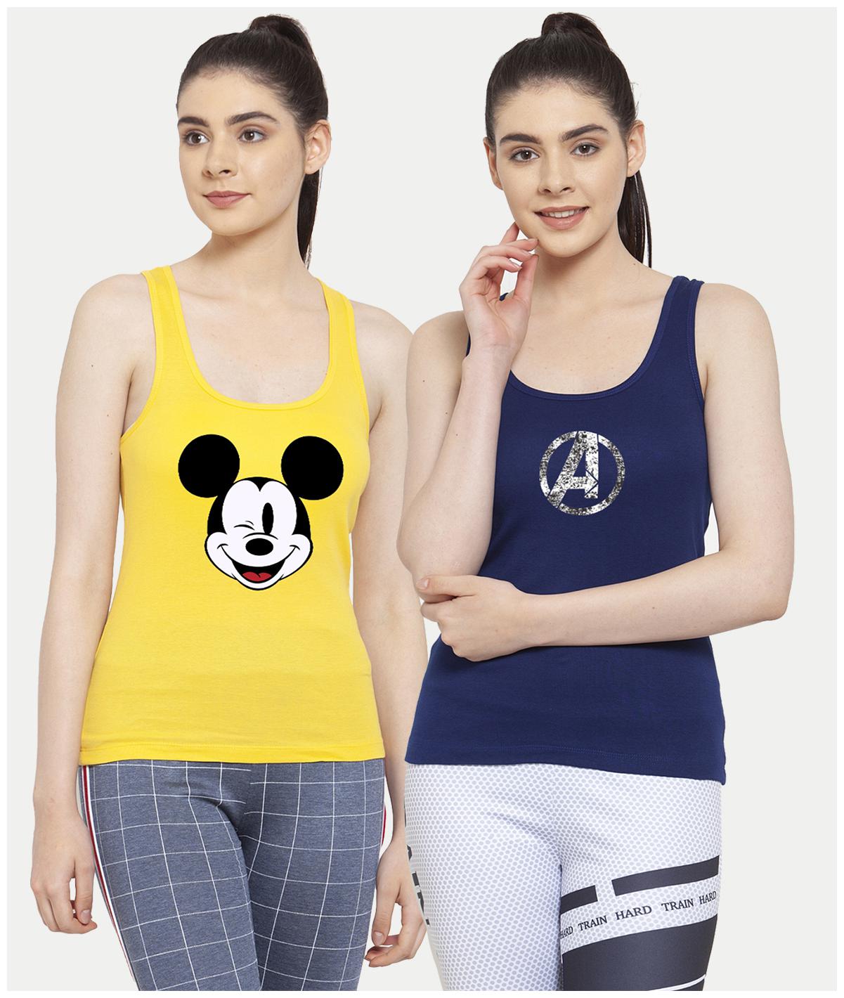 

Friskers Women Yellow Blue Regular fit U neck Cotton Tank top