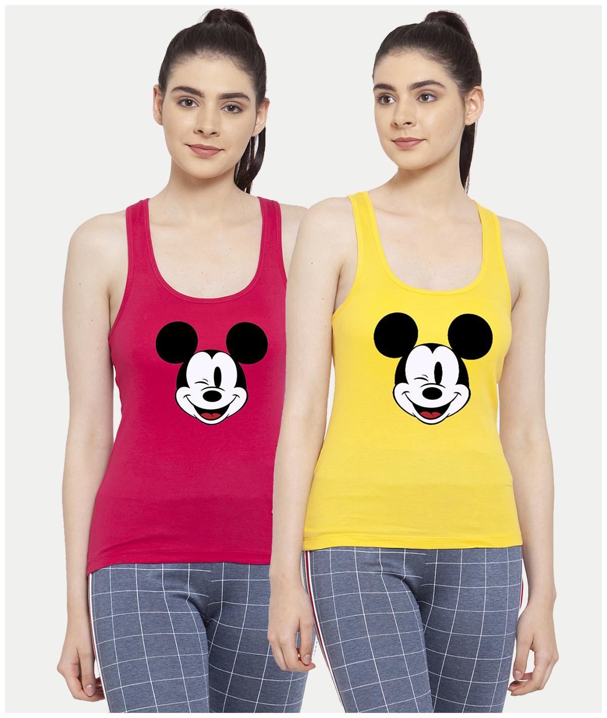 

Friskers Women Yellow Pink Regular fit U neck Cotton Tank top