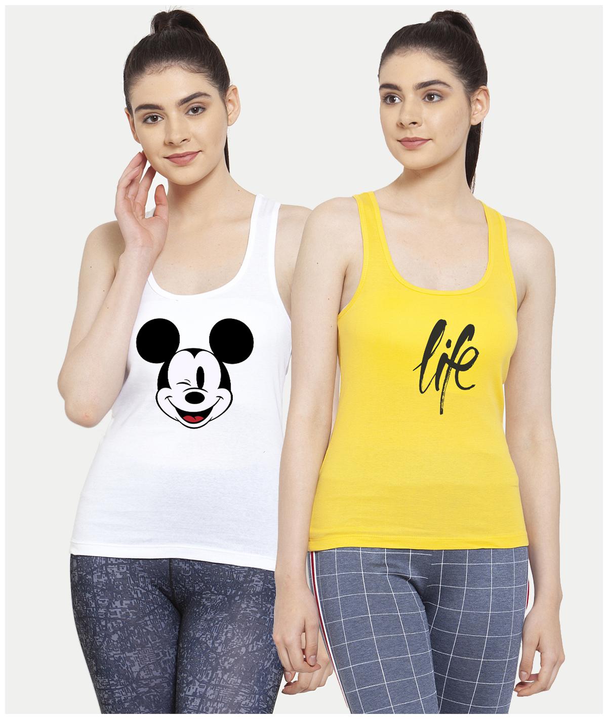 

Friskers Women White Yellow Regular fit U neck Cotton Tank top