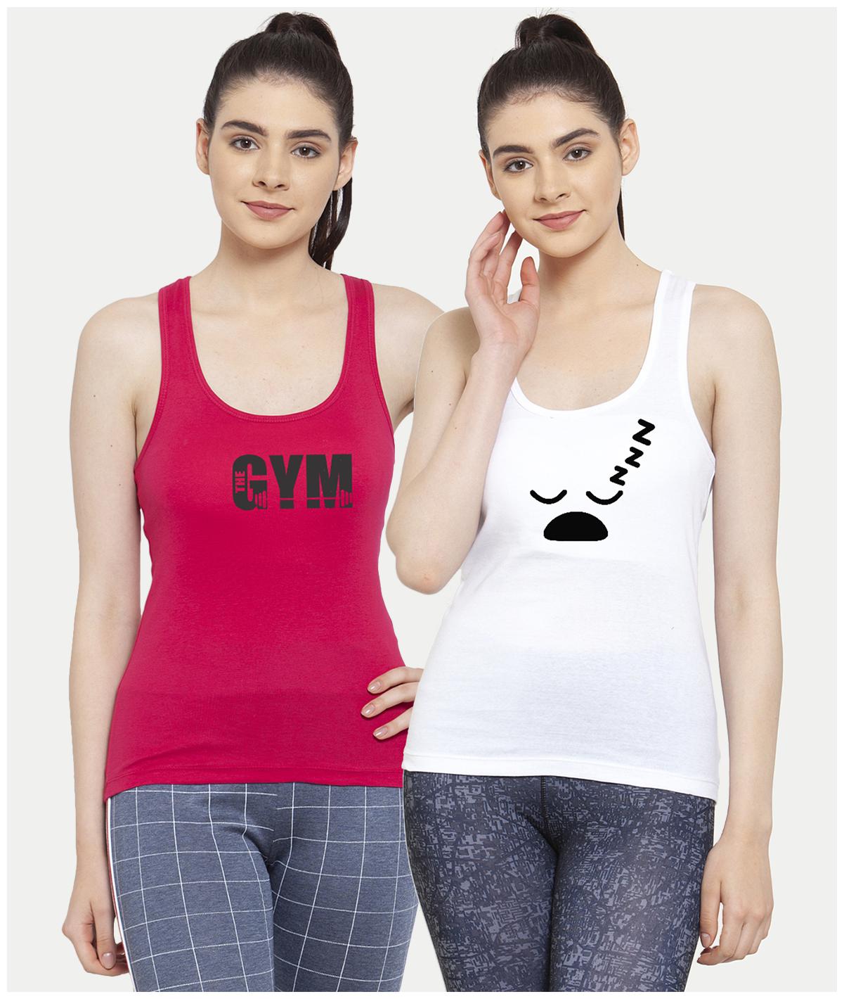 

Friskers Women White Pink Regular fit U neck Cotton Tank top