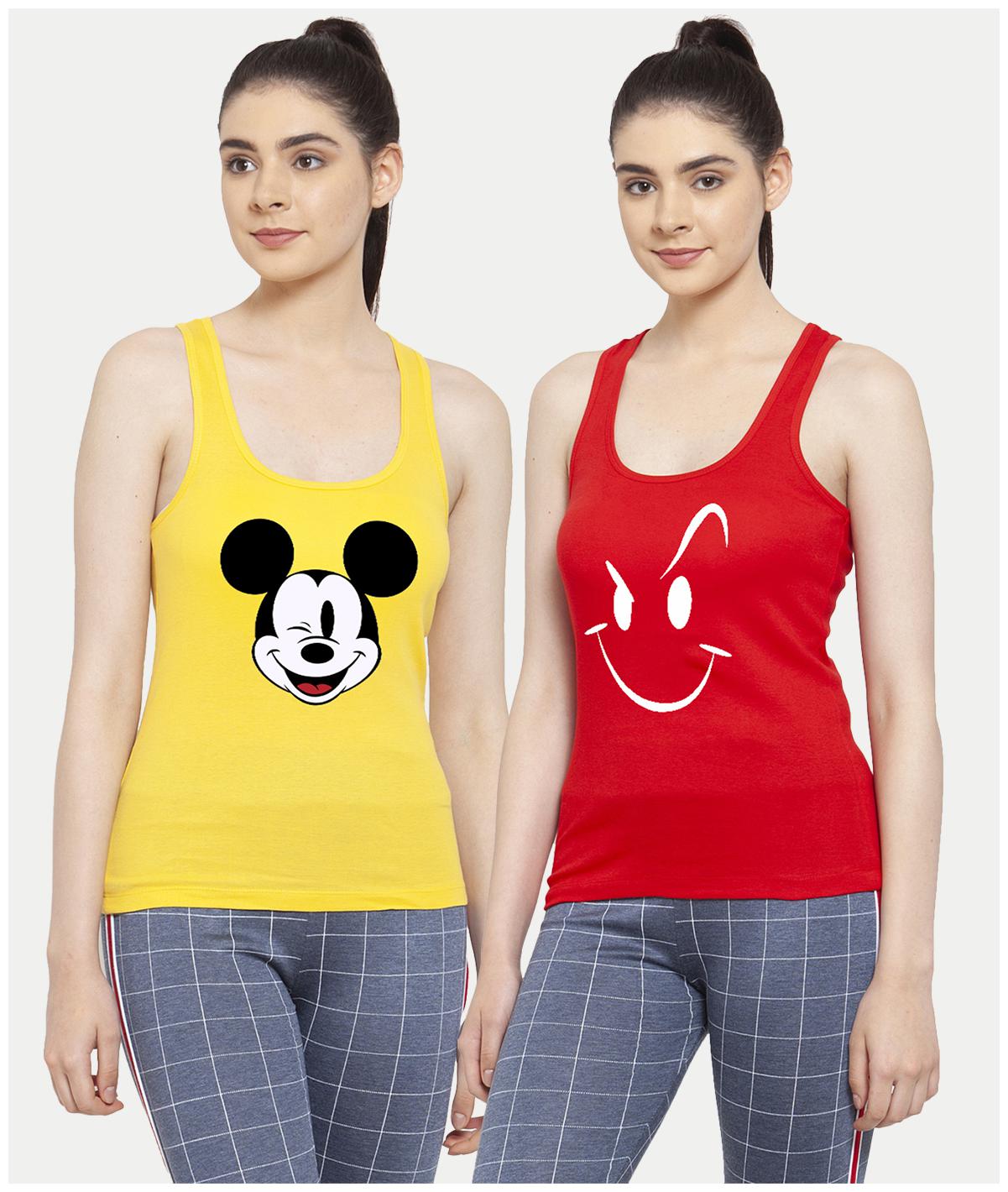 

Friskers Women Yellow Red Regular fit U neck Cotton Tank top