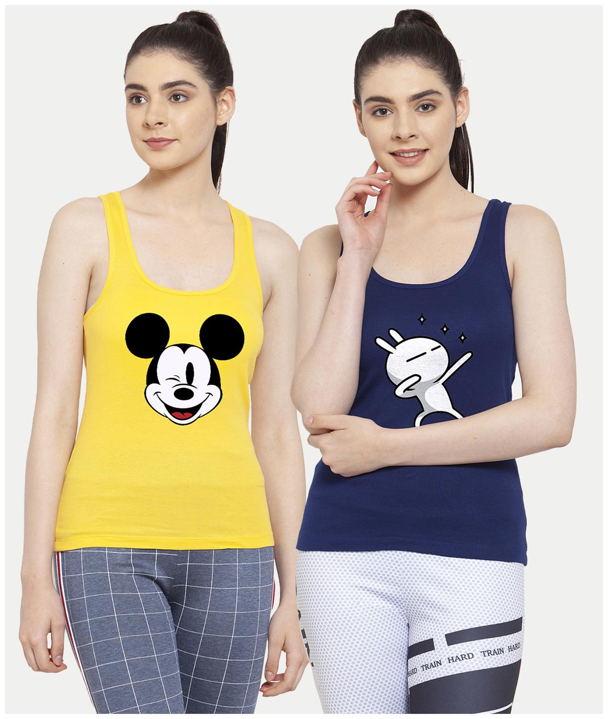 

Friskers Women Yellow Blue Regular fit U neck Cotton Tank top