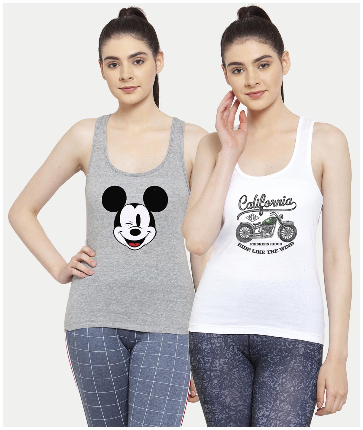 

Friskers Women Grey White Regular fit U neck Cotton Tank top