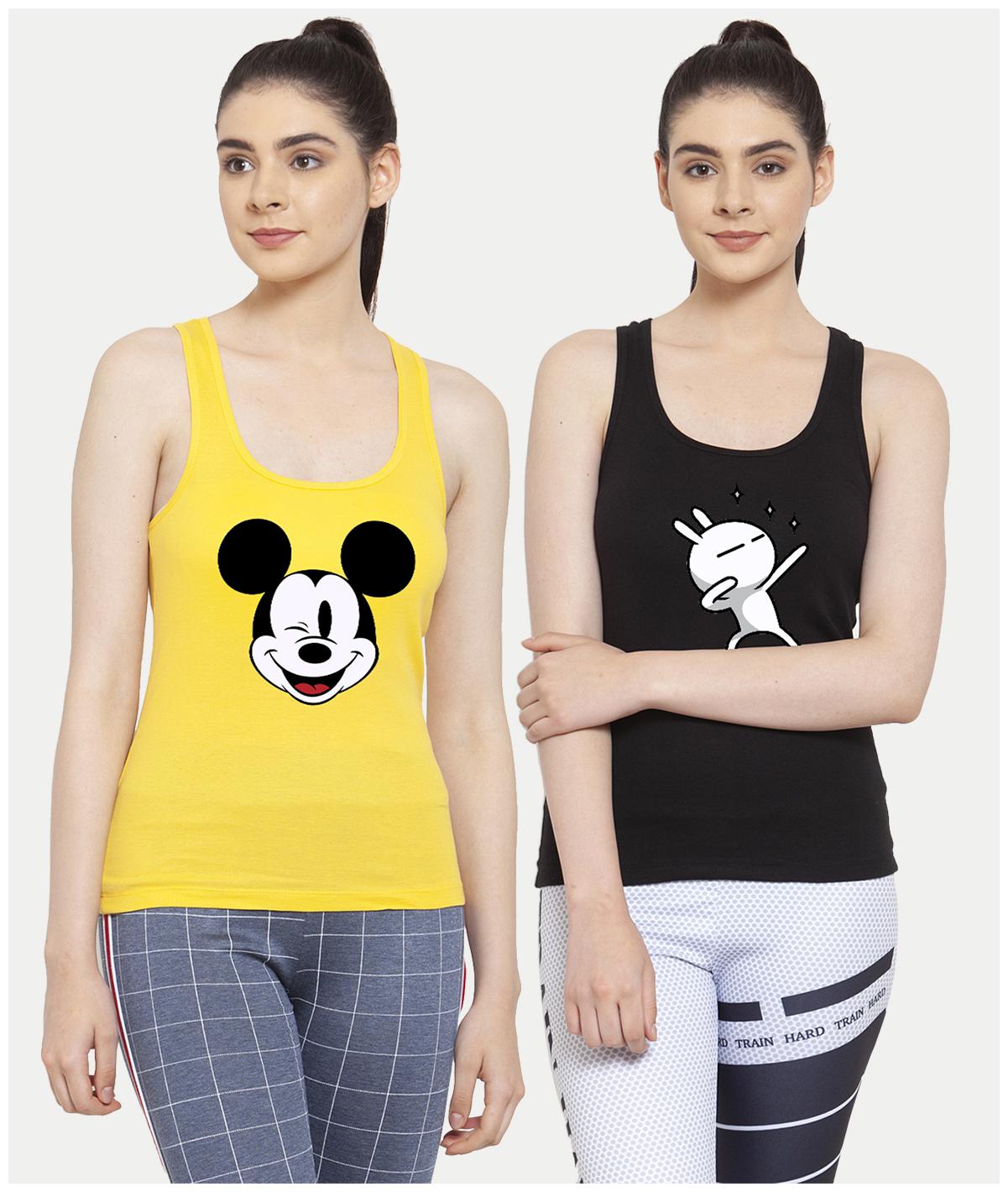 

Friskers Women Yellow Black Regular fit U neck Cotton Tank top
