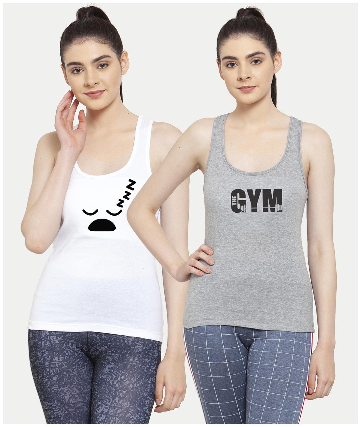 

Friskers Women White Grey Regular fit U neck Cotton Tank top