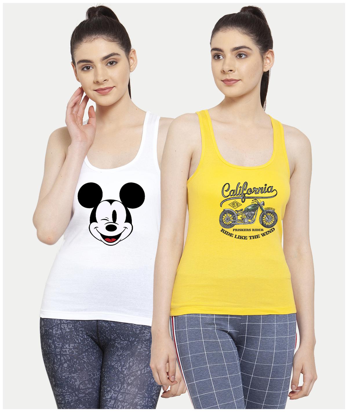 

Friskers Women White Yellow Regular fit U neck Cotton Tank top