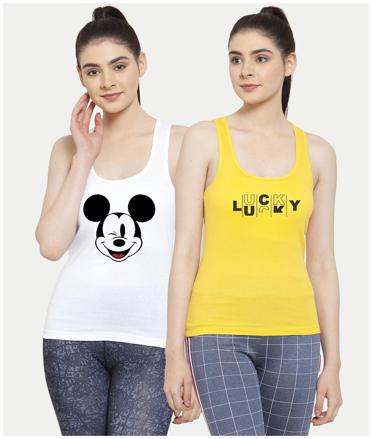 

Friskers Women White Yellow Regular fit U neck Cotton Tank top