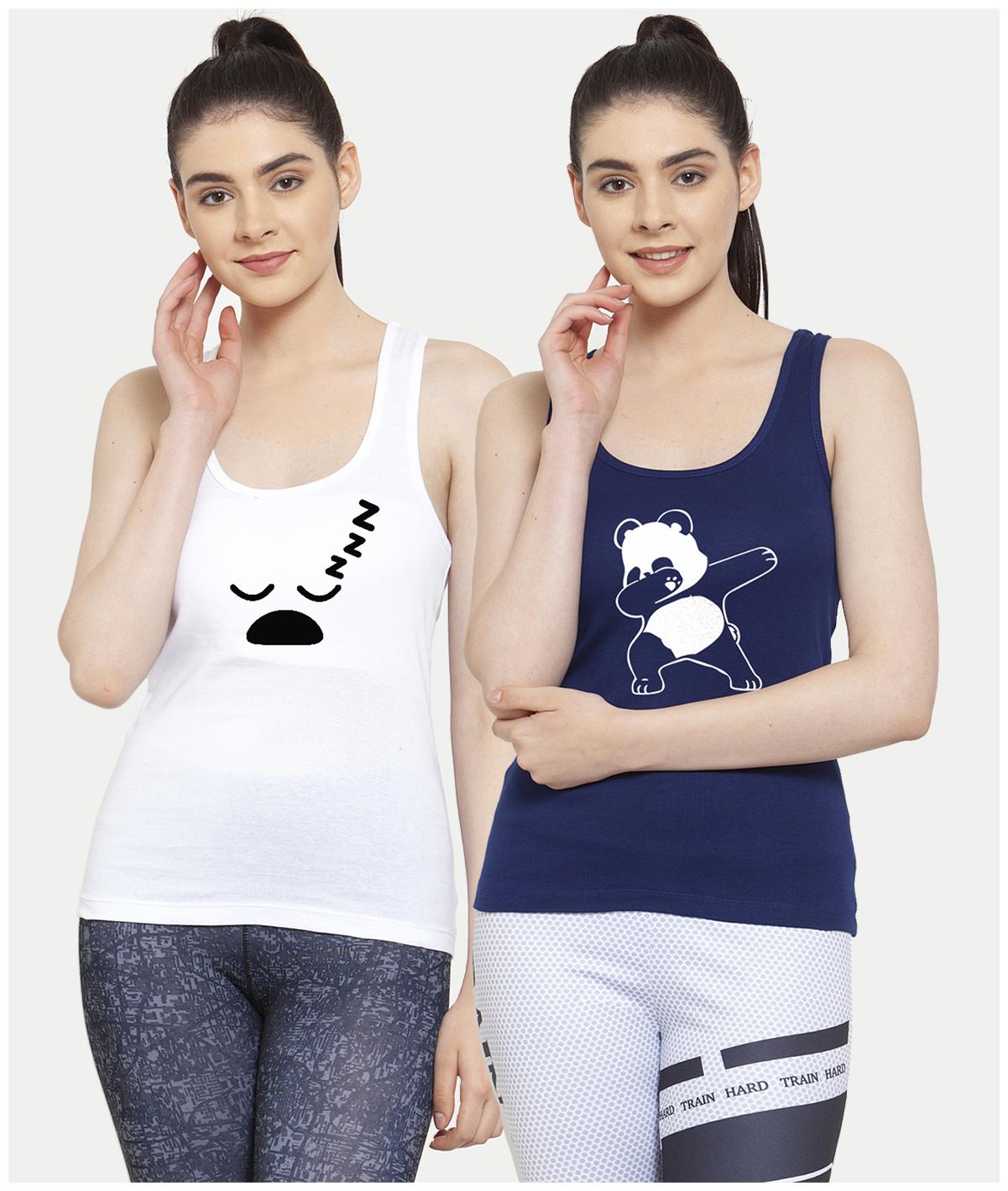

Friskers Women White Blue Regular fit U neck Cotton Tank top