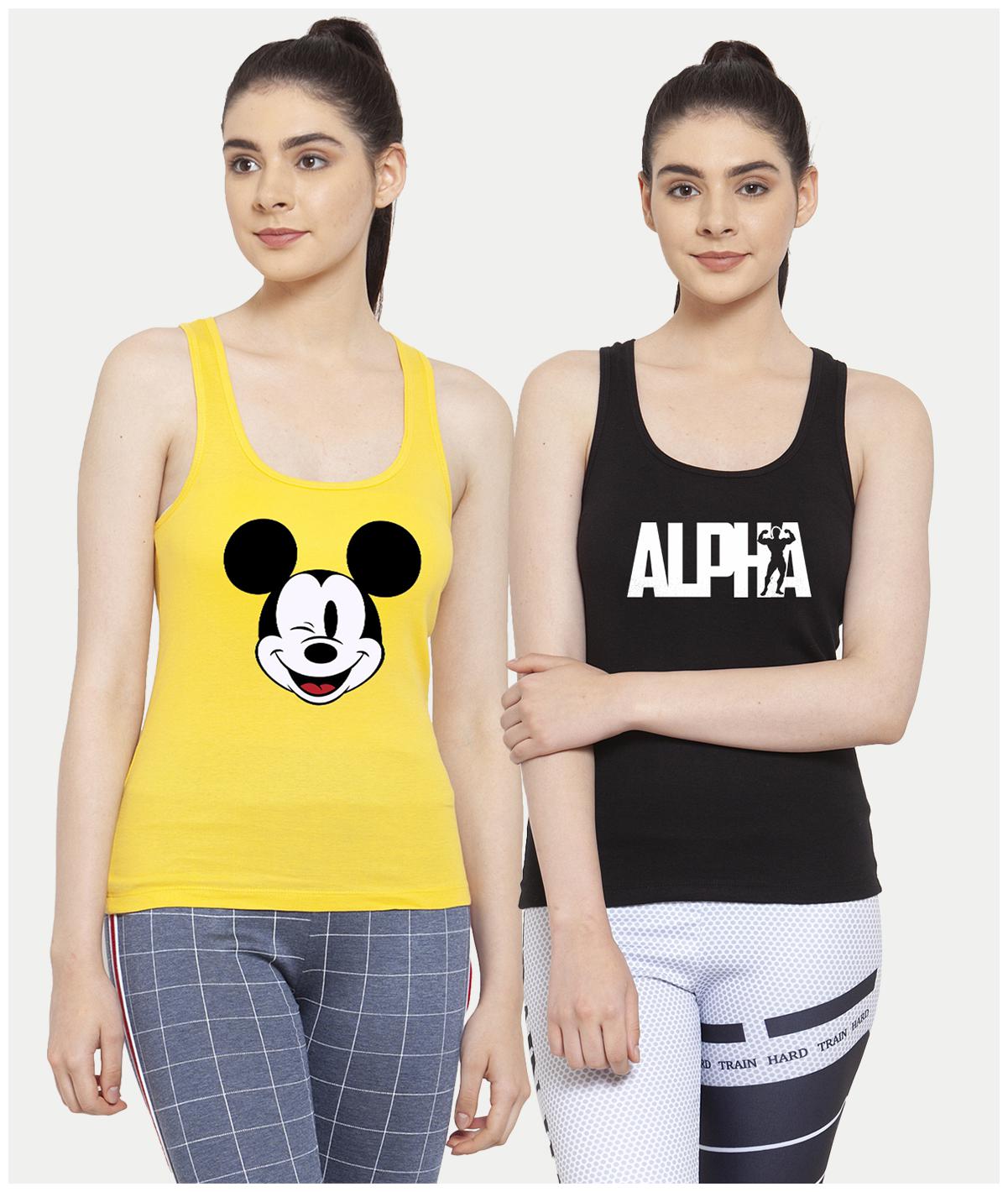 

Friskers Women Yellow Black Regular fit U neck Cotton Tank top