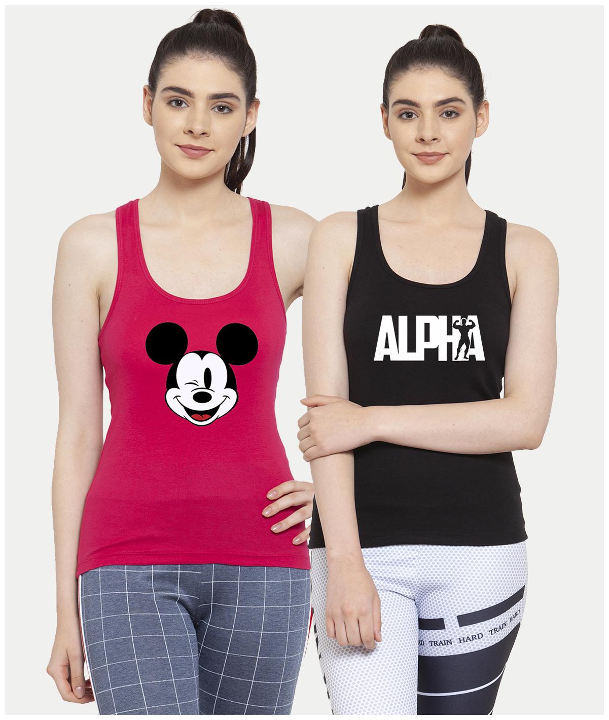 

Friskers Women Pink Black Regular fit U neck Cotton Tank top