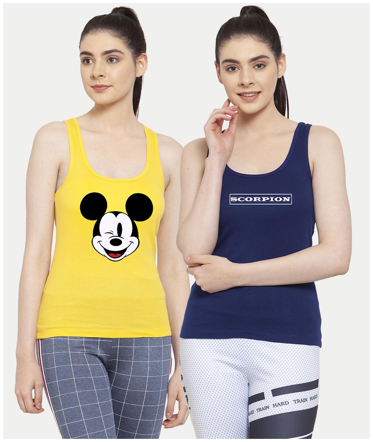 

Friskers Women Yellow Blue Regular fit U neck Cotton Tank top