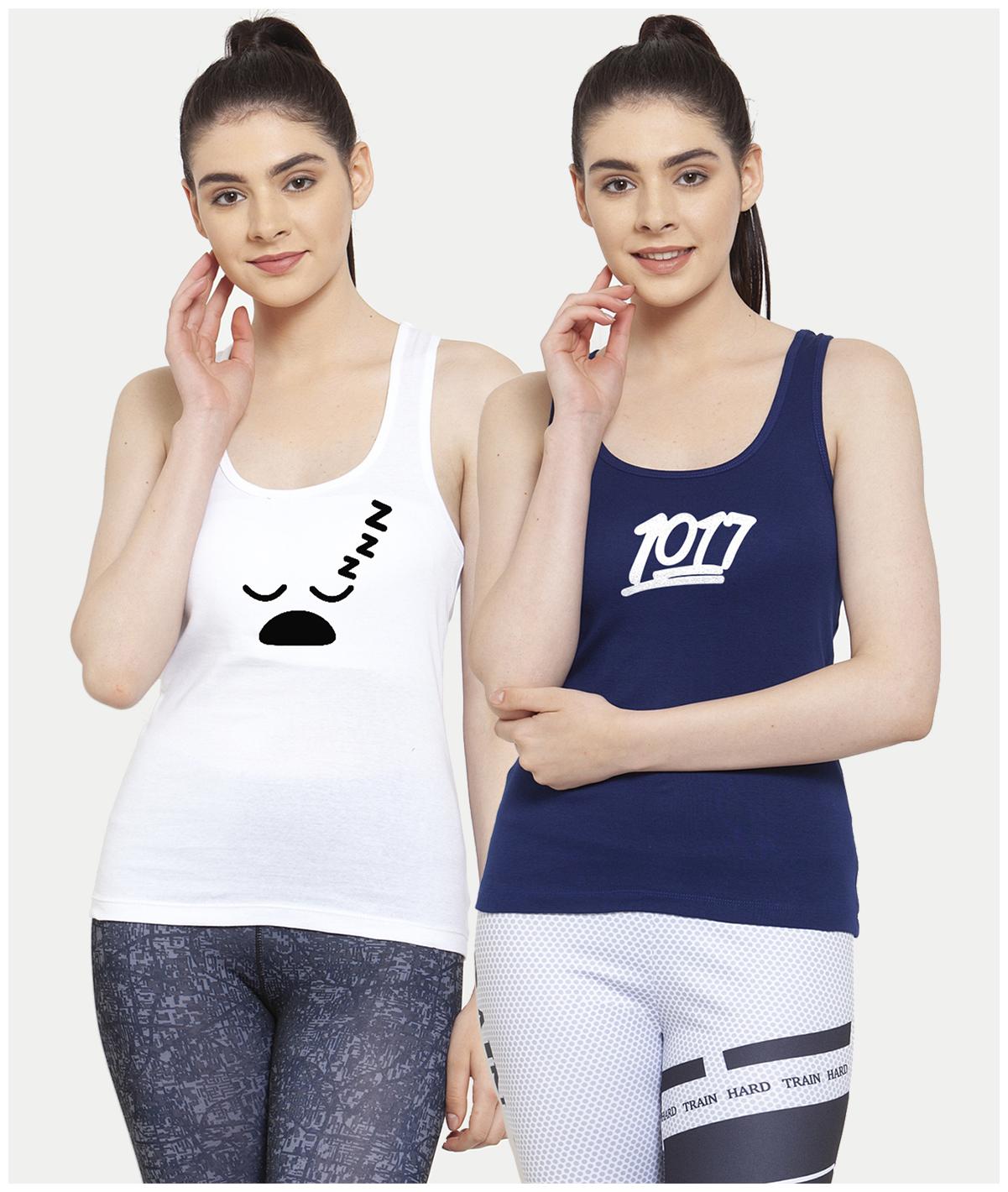

Friskers Women White Blue Regular fit U neck Cotton Tank top