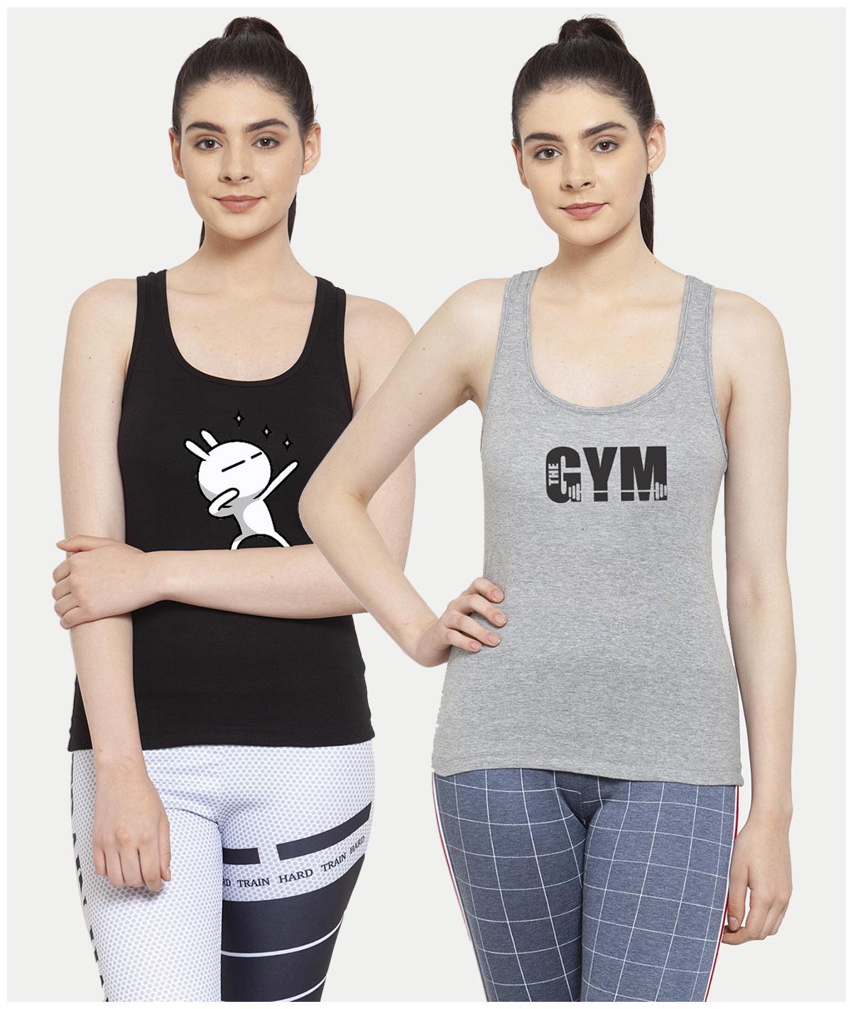 

Friskers Women Black Grey Regular fit U neck Cotton Tank top