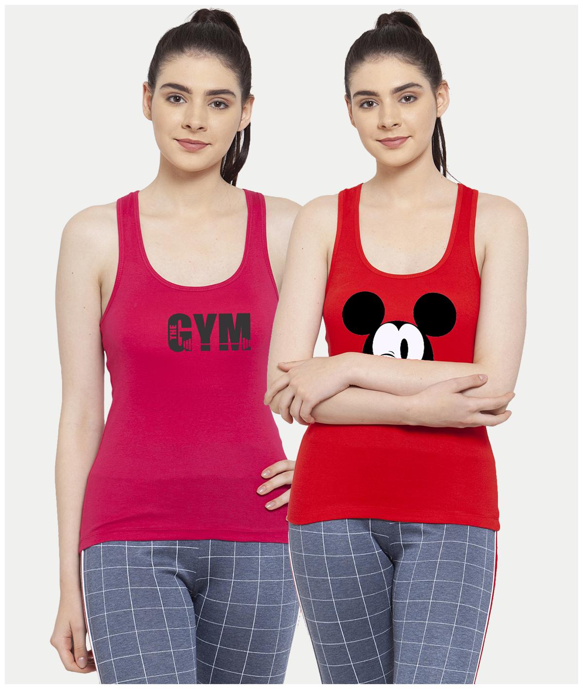 

Friskers Women Red Pink Regular fit U neck Cotton Tank top