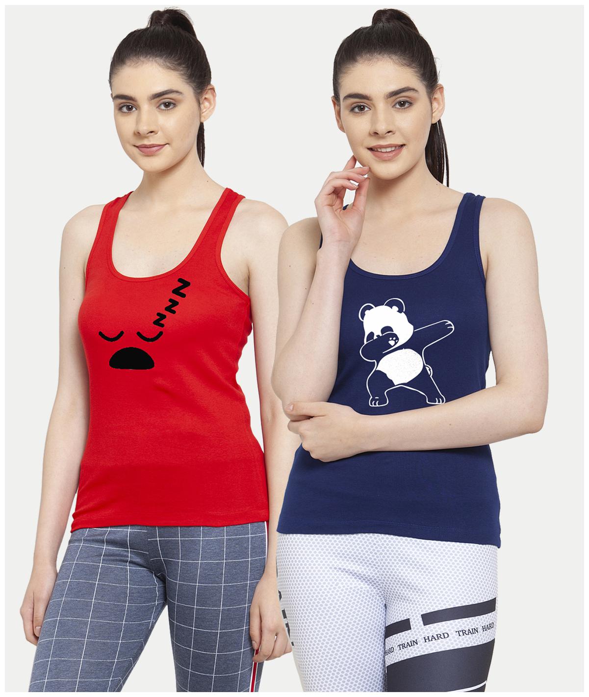

Friskers Women Red Blue Regular fit U neck Cotton Tank top