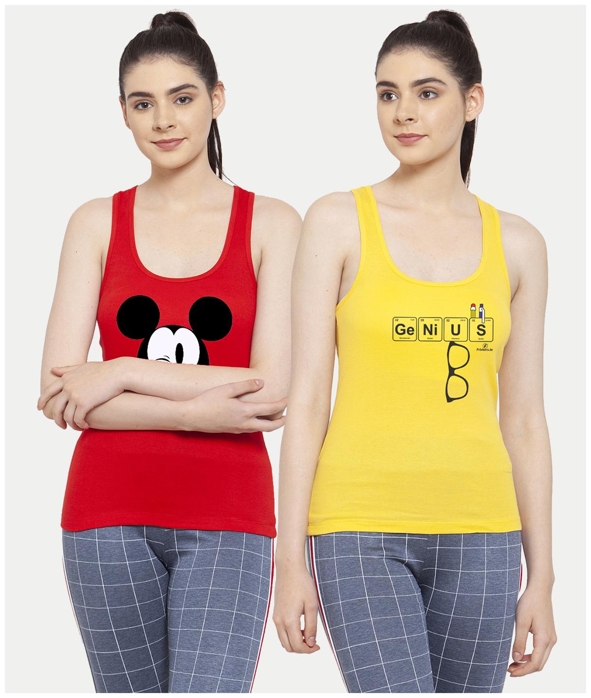 

Friskers Women Red Yellow Regular fit U neck Cotton Tank top