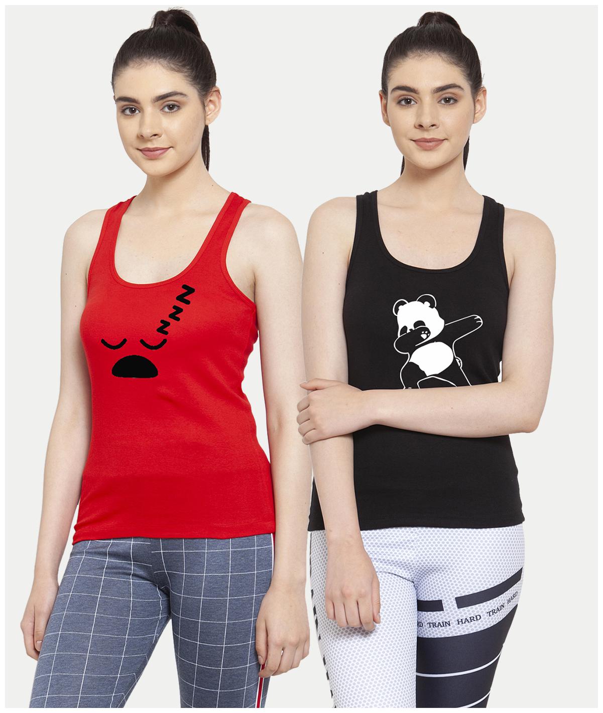 

Friskers Women Red Black Regular fit U neck Cotton Tank top