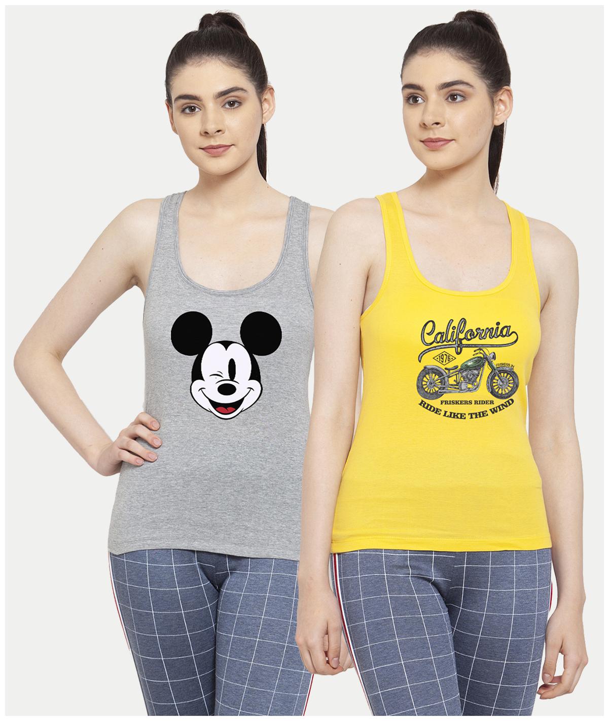 

Friskers Women Grey Yellow Regular fit U neck Cotton Tank top