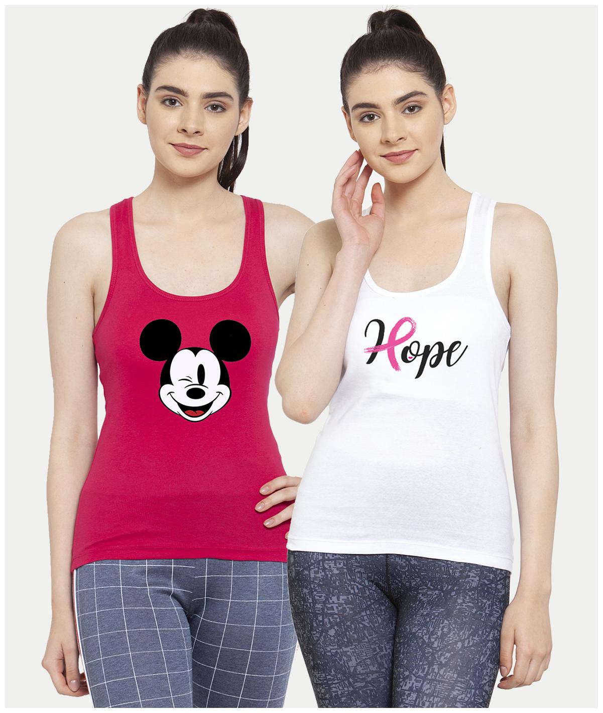 

Friskers Women Pink White Regular fit U neck Cotton Tank top