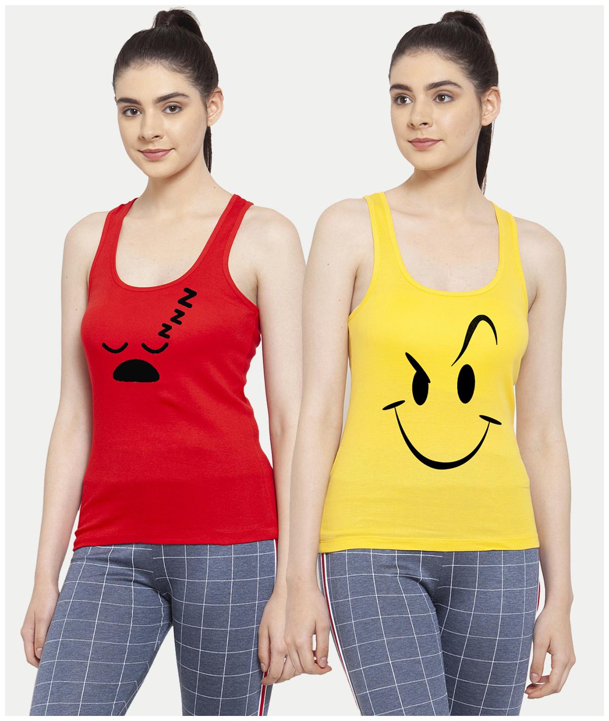 

Friskers Women Red Yellow Regular fit U neck Cotton Tank top