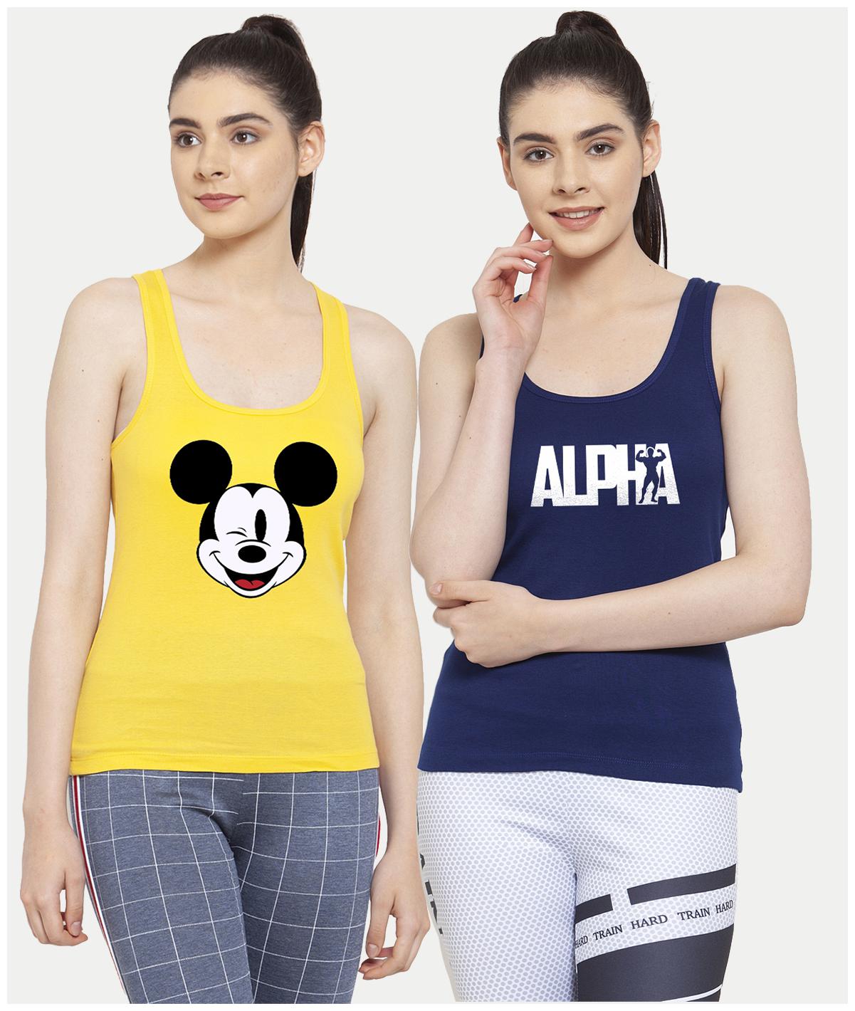 

Friskers Women Yellow Blue Regular fit U neck Cotton Tank top