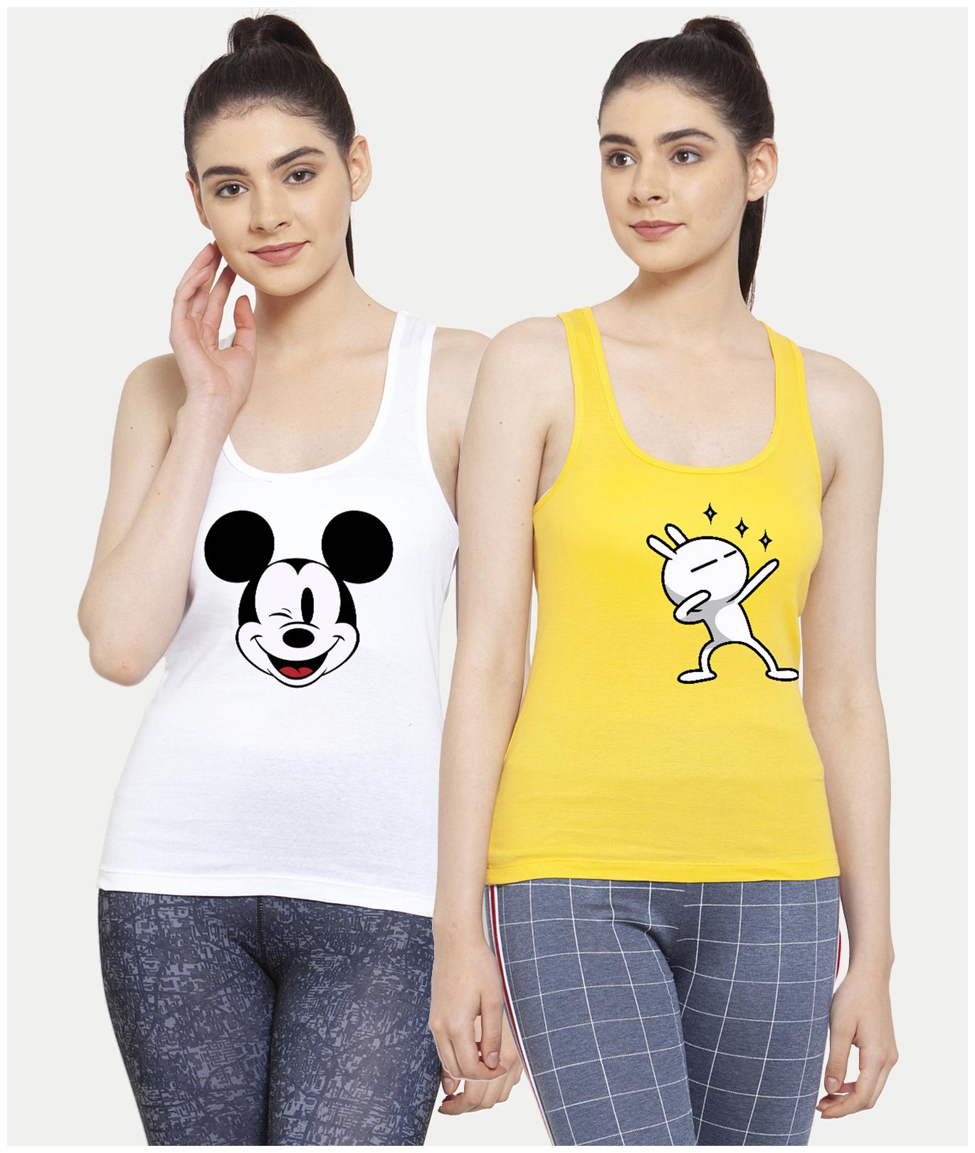 

Friskers Women White Yellow Regular fit U neck Cotton Tank top