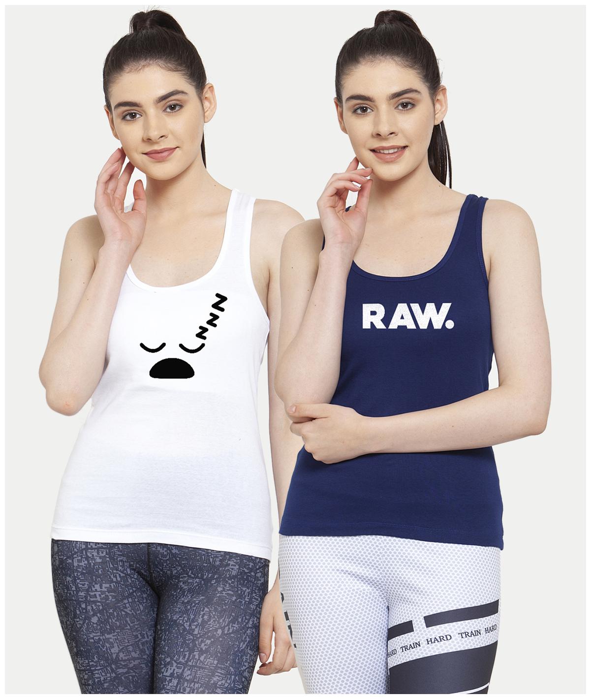 

Friskers Women White Blue Regular fit U neck Cotton Tank top