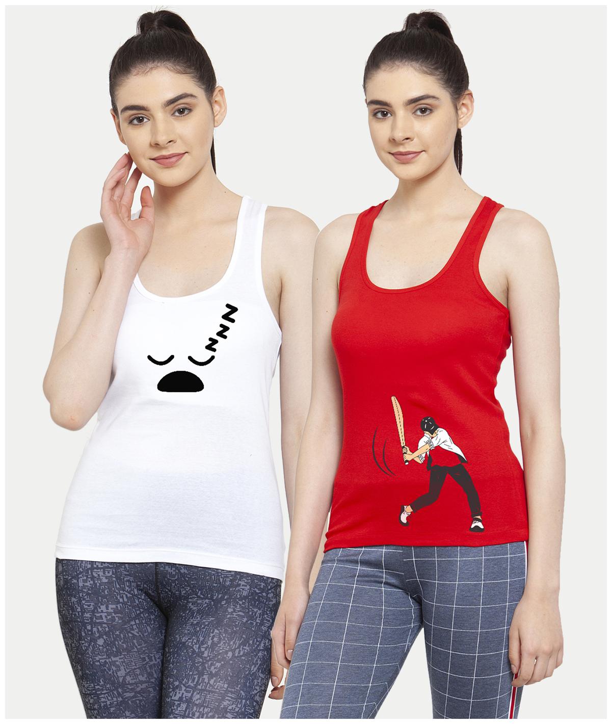 

Friskers Women White Red Regular fit U neck Cotton Tank top