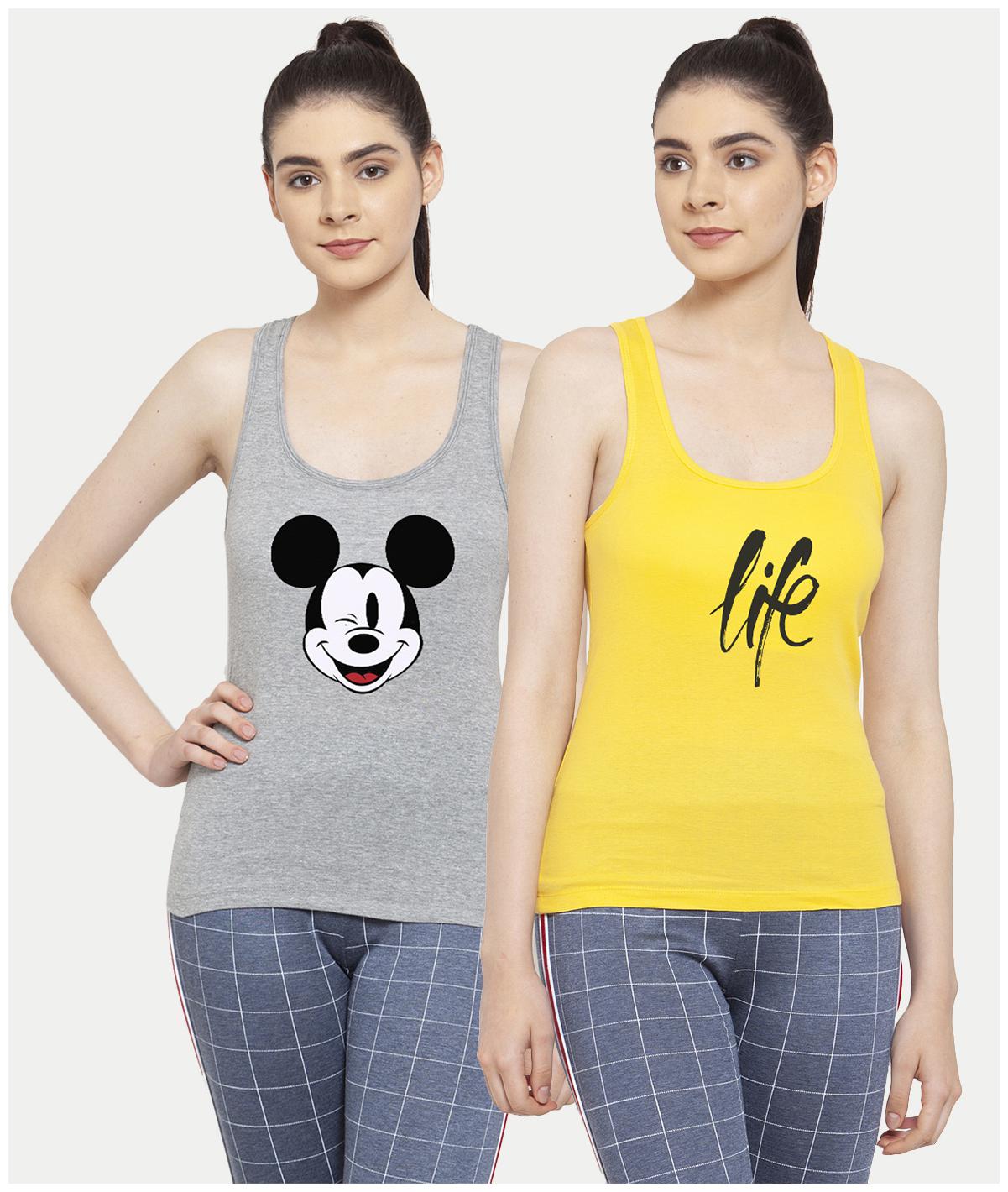 

Friskers Women Grey Yellow Regular fit U neck Cotton Tank top