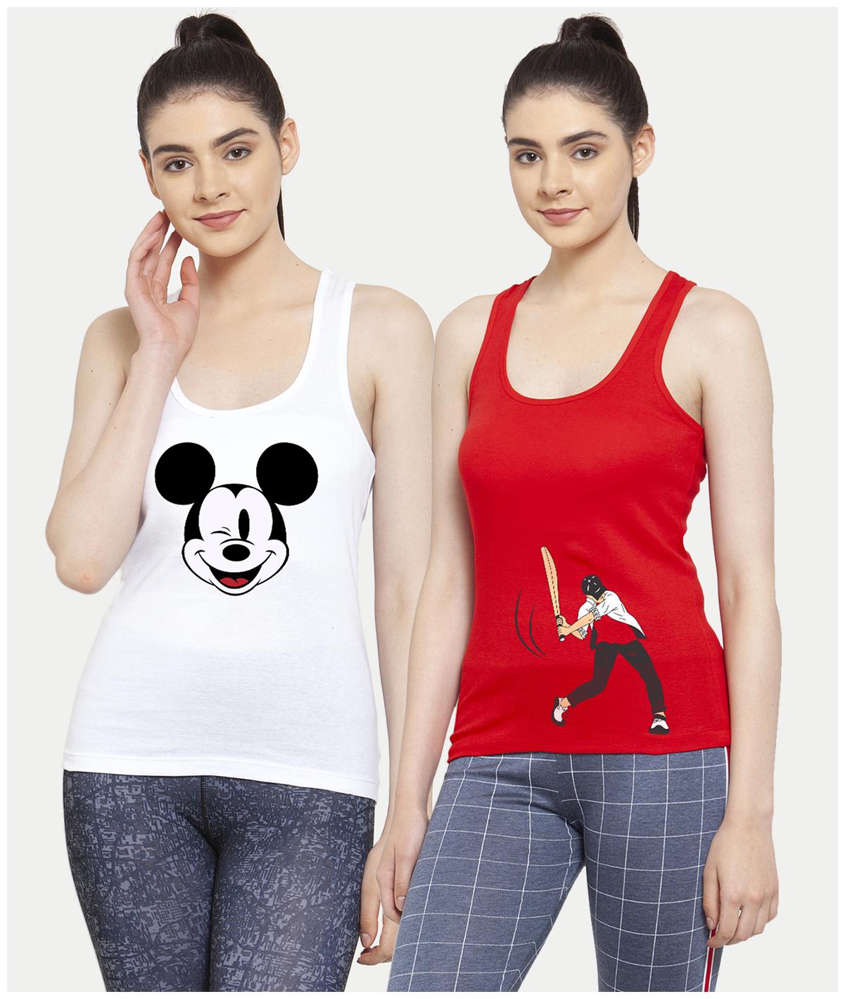 

Friskers Women White Red Regular fit U neck Cotton Tank top