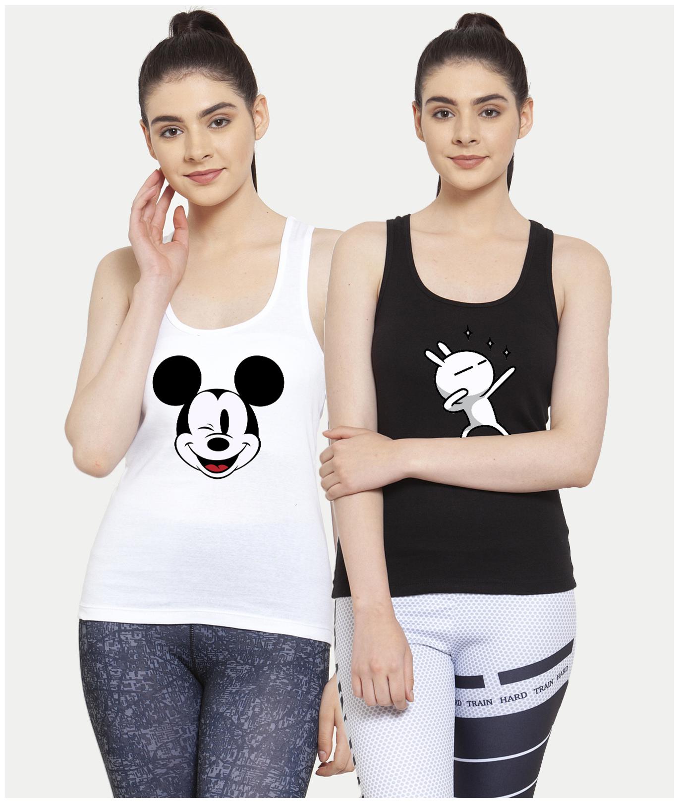 

Friskers Women White Black Regular fit U neck Cotton Tank top