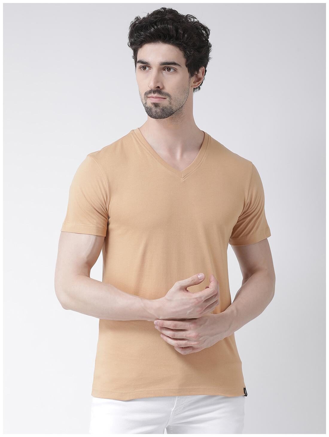 

Friskers Men Beige Slim fit Cotton V neck T-Shirt - Pack Of 1