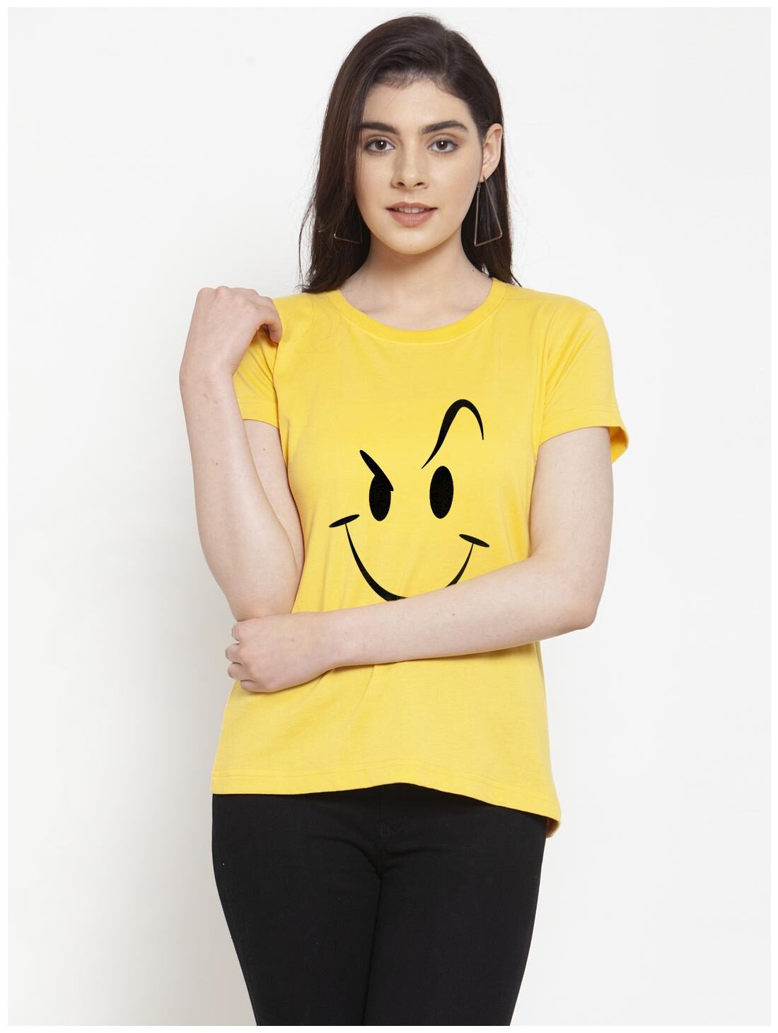 

Friskers Women Yellow Regular fit Round neck Cotton T shirt