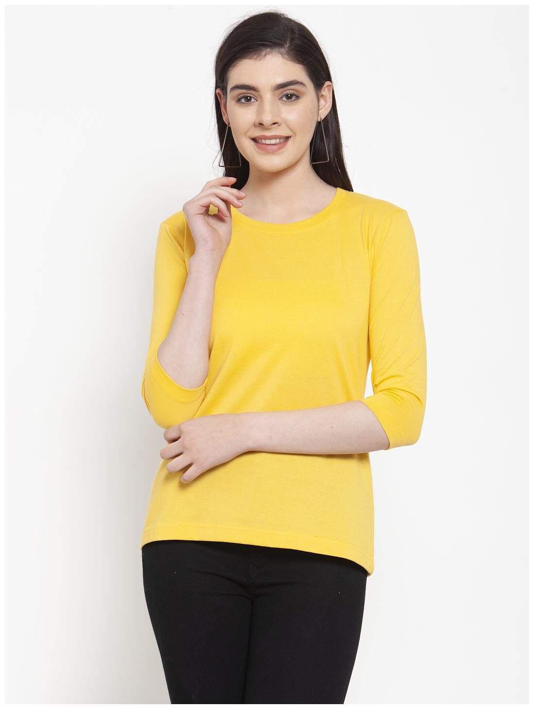 

Friskers Women Yellow Regular fit Round neck Cotton T shirt