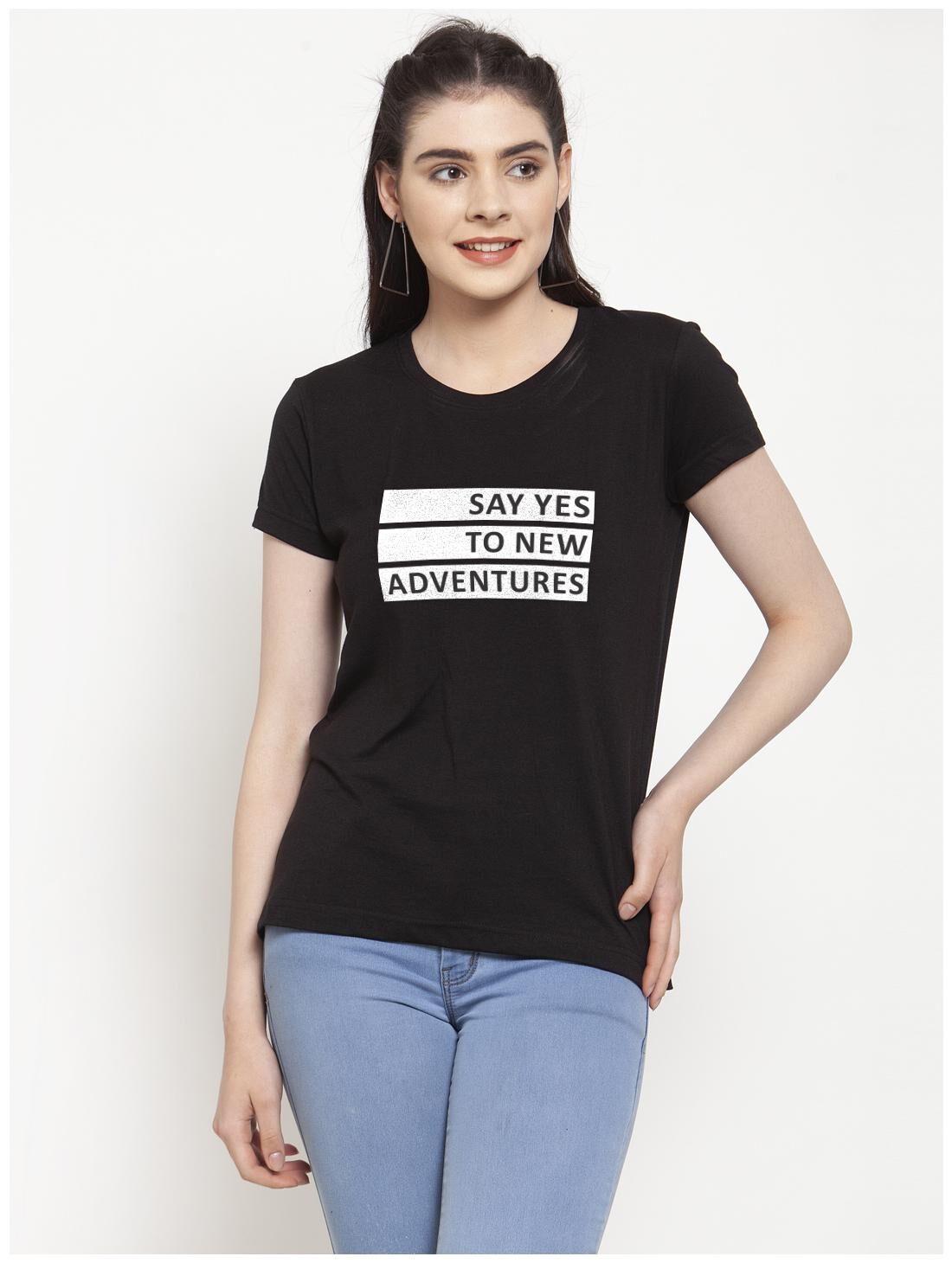 

Friskers Women Black Regular fit Round neck Cotton T shirt