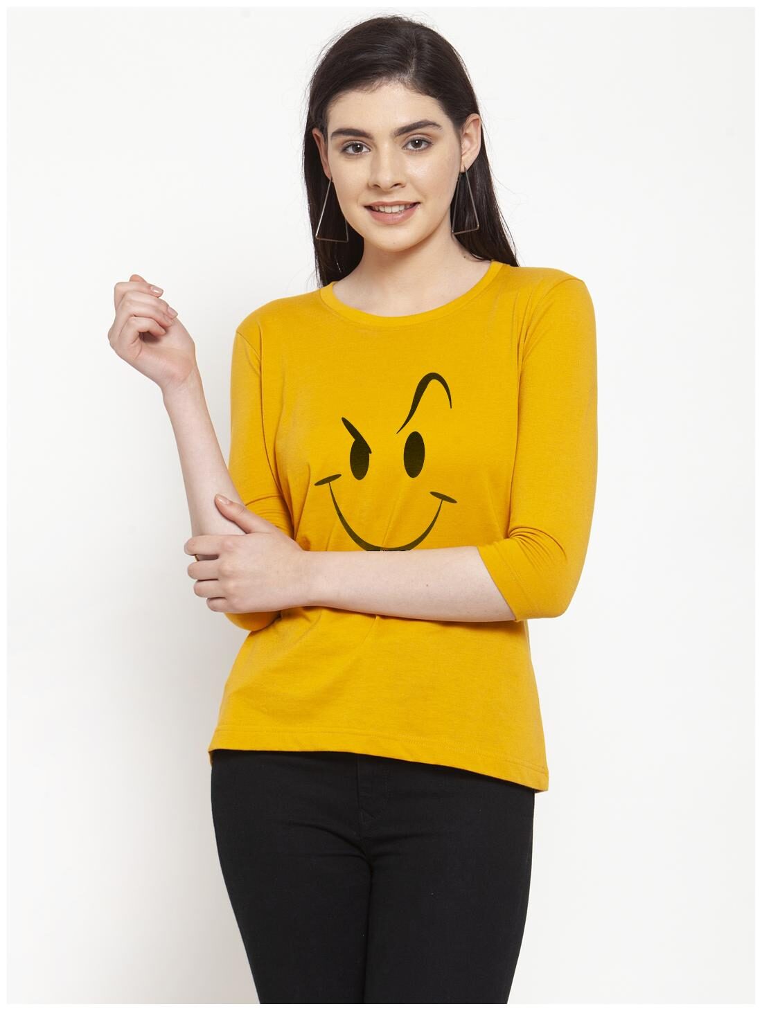 

Friskers Women Mustard Regular fit Round neck Cotton T shirt