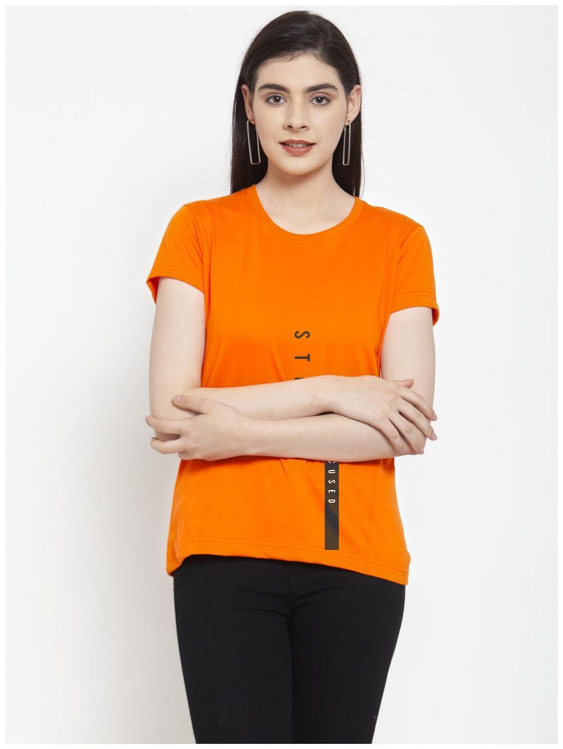 

Friskers Women Orange Regular fit Round neck Cotton T shirt