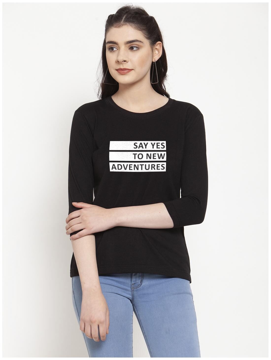 

Friskers Women Black Regular fit Round neck Cotton T shirt