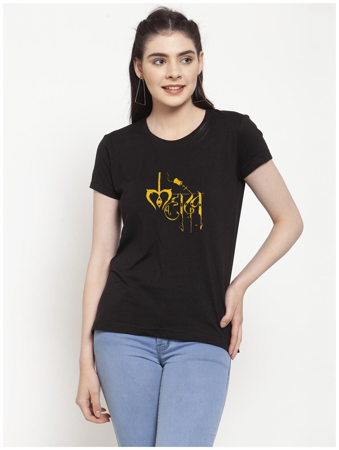 

Friskers Women Black Regular fit Round neck Cotton T shirt