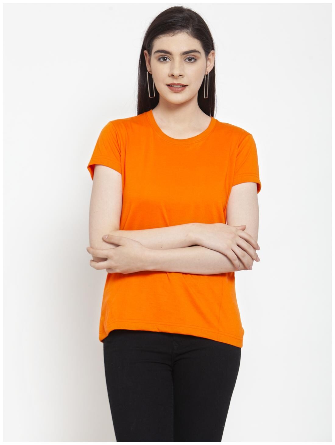 

Friskers Women Orange Regular fit Round neck Cotton T shirt