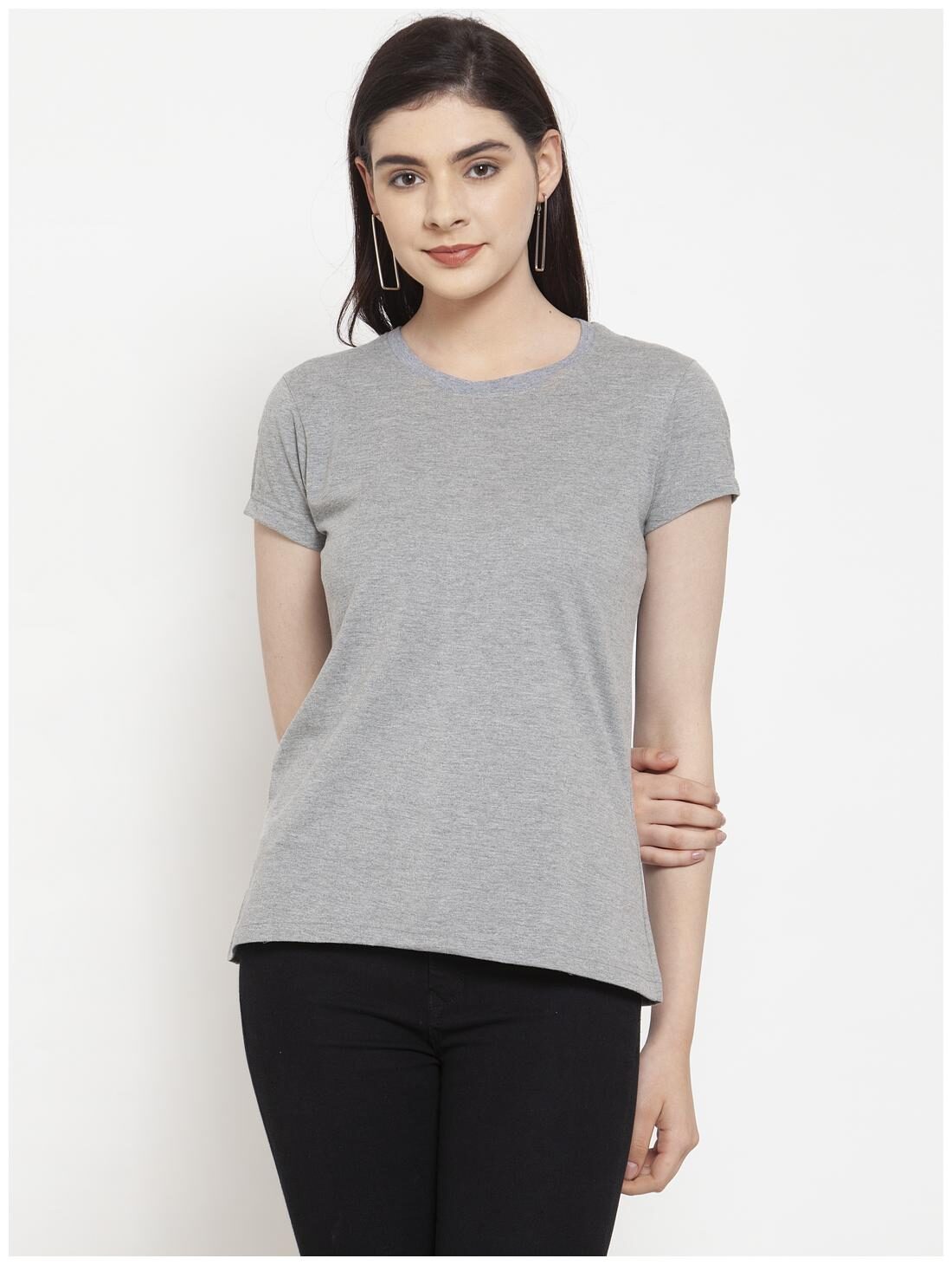

Friskers Women Grey Regular fit Round neck Cotton T shirt