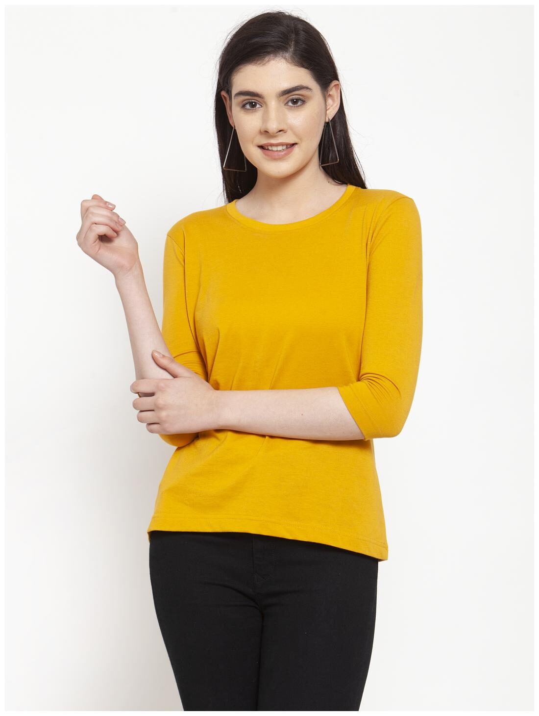

Friskers Women Mustard Regular fit Round neck Cotton T shirt
