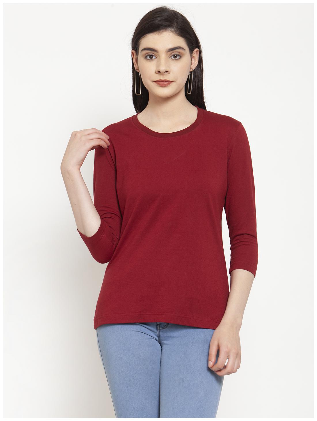 

Friskers Women Maroon Regular fit Round neck Cotton T shirt