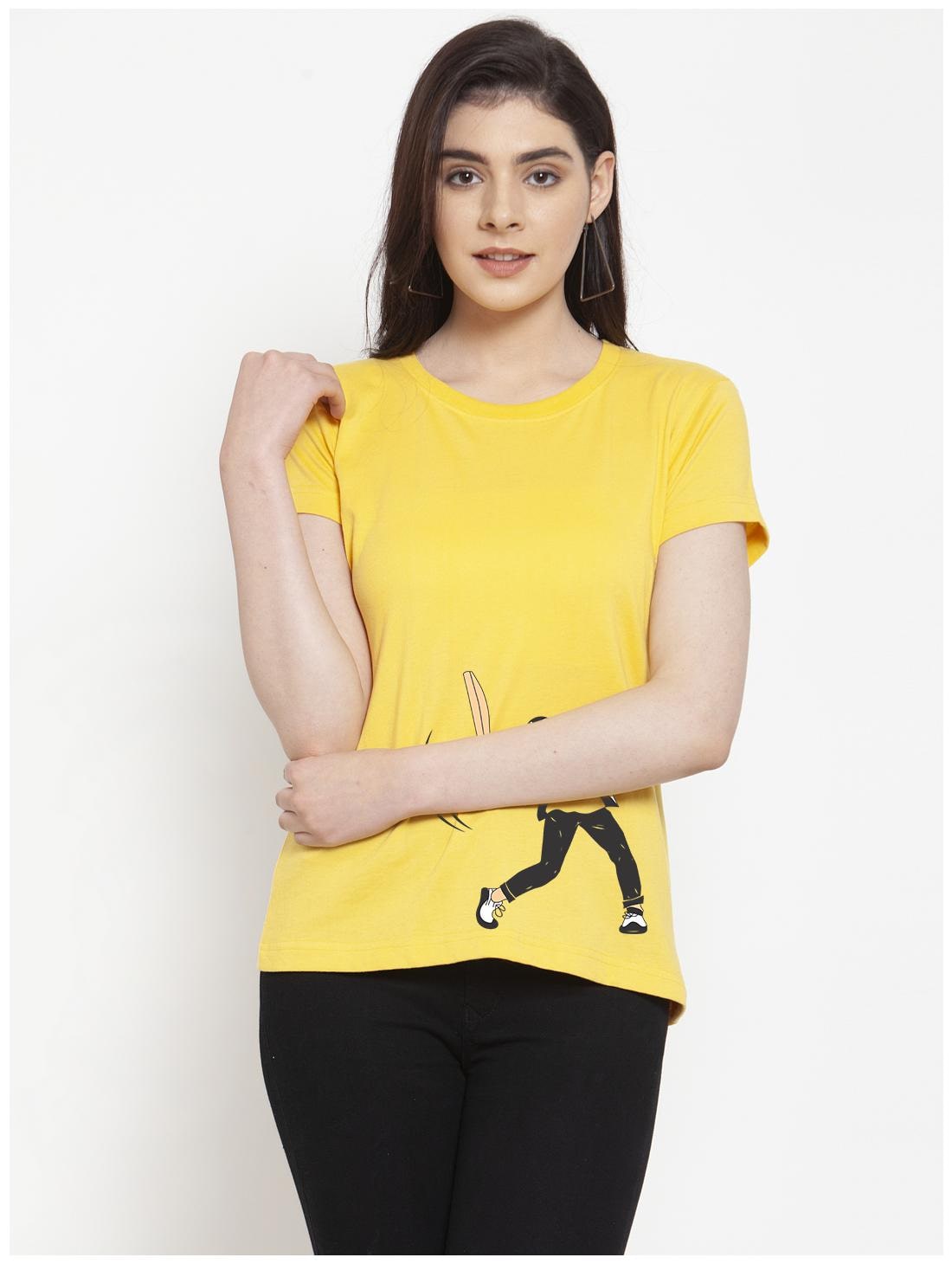 

Friskers Women Yellow Regular fit Round neck Cotton T shirt