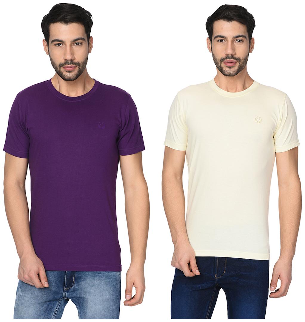 

FRUCH Men Beige Purple Regular fit Cotton Round neck T-Shirt - Pack Of 2