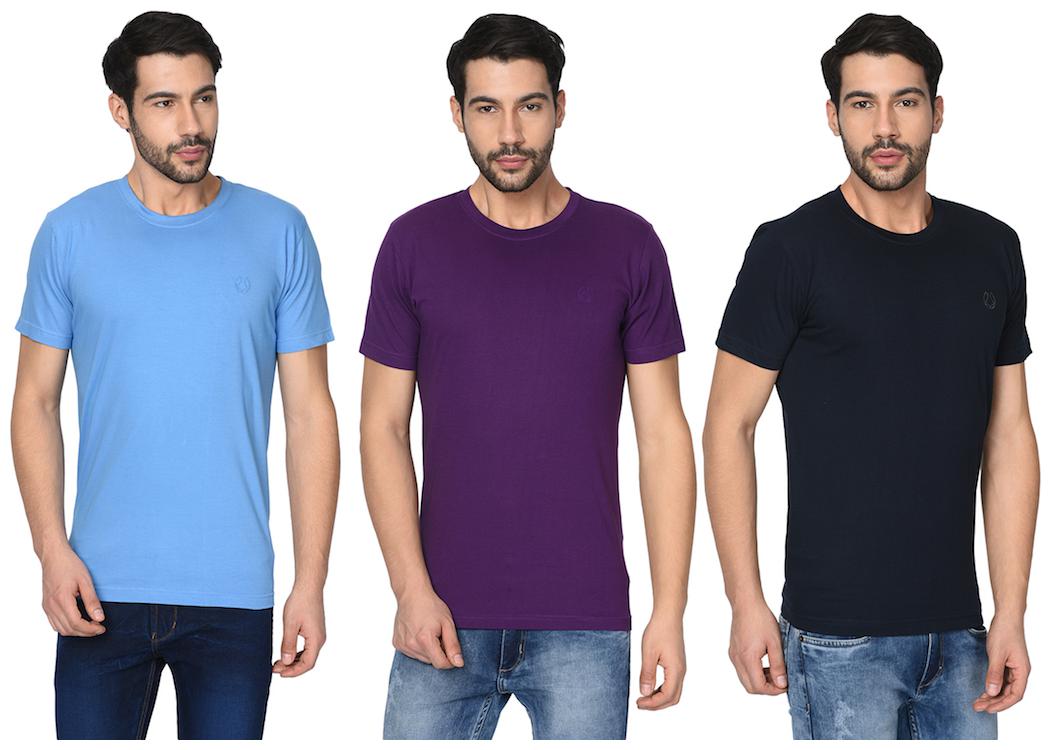 

FRUCH Men Blue Purple Regular fit Cotton Round neck T-Shirt - Pack Of 3