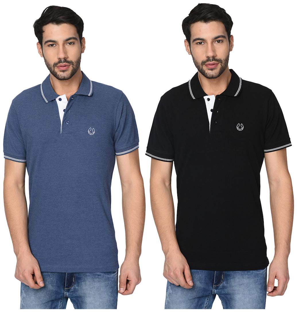 

FRUCH Men Black Blue Regular fit Cotton Polo collar T-Shirt - Pack Of 2