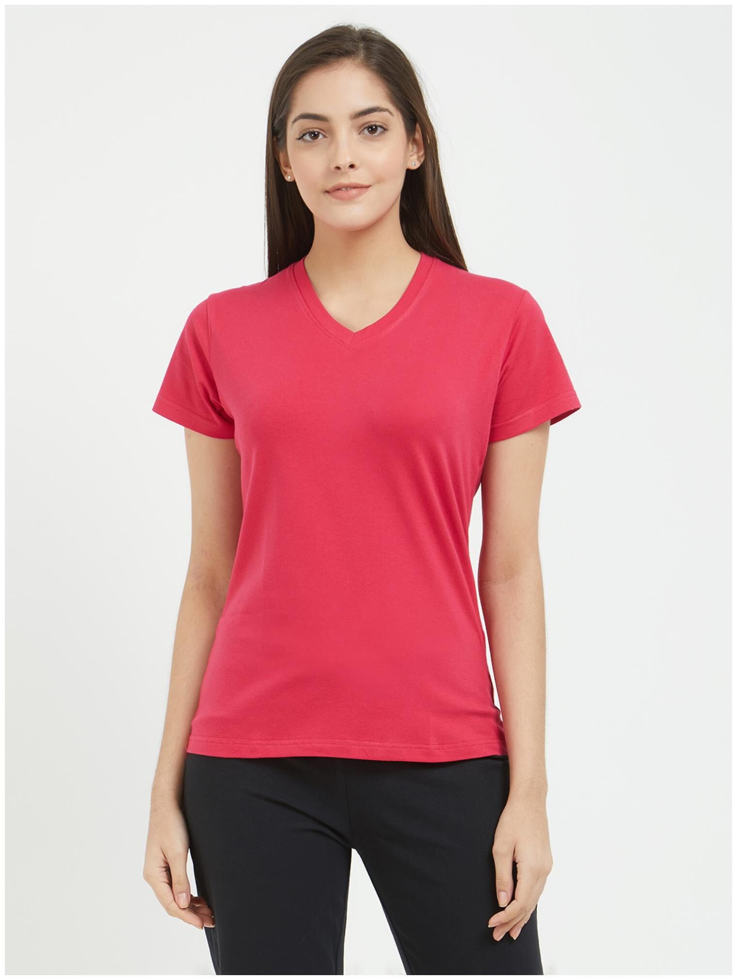 

Fruit Of The Loom Women Pink Regular fit V neck Blended T shirt