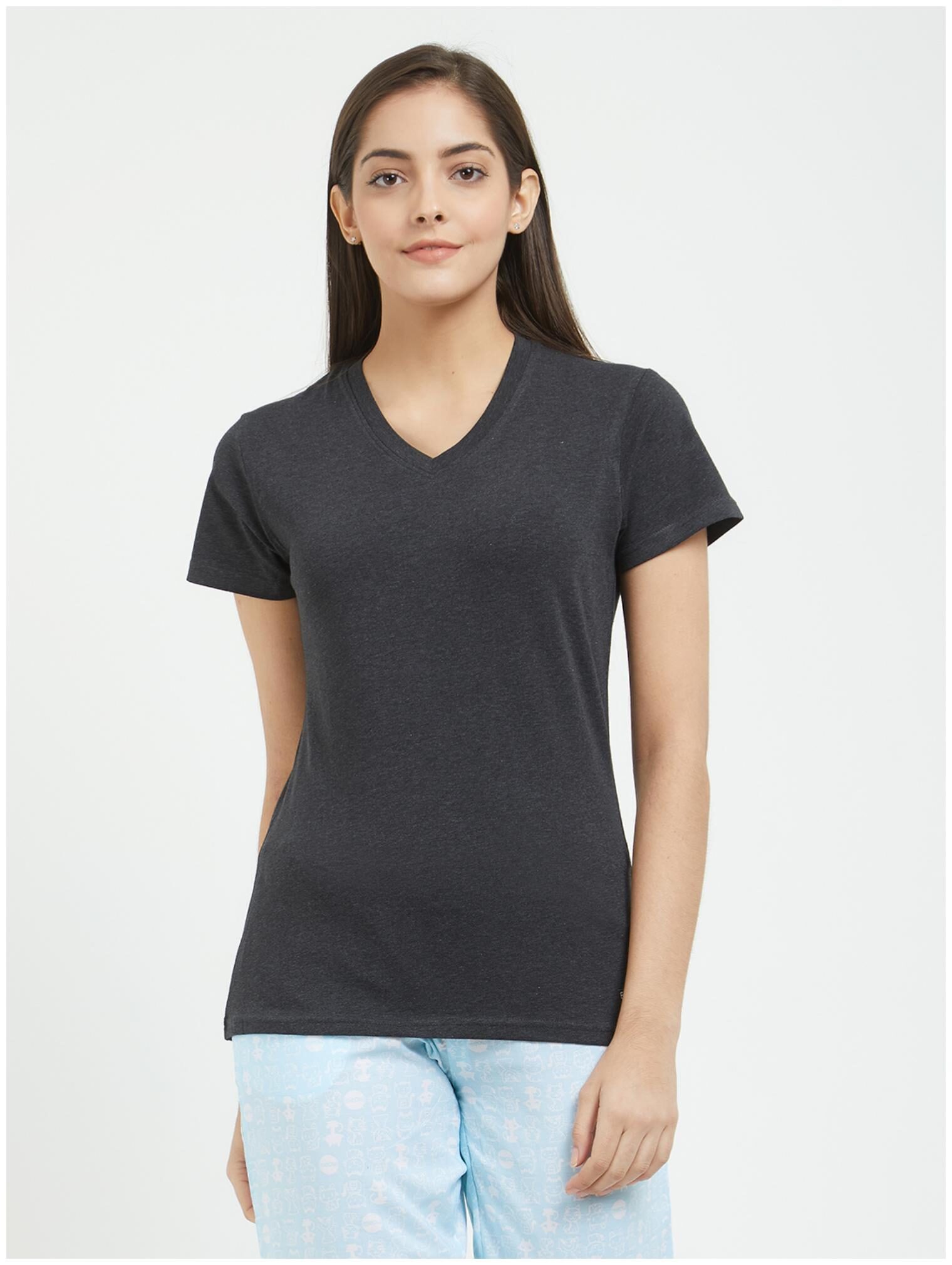 

Fruit Of The Loom Women Grey Regular fit V neck Blended T shirt